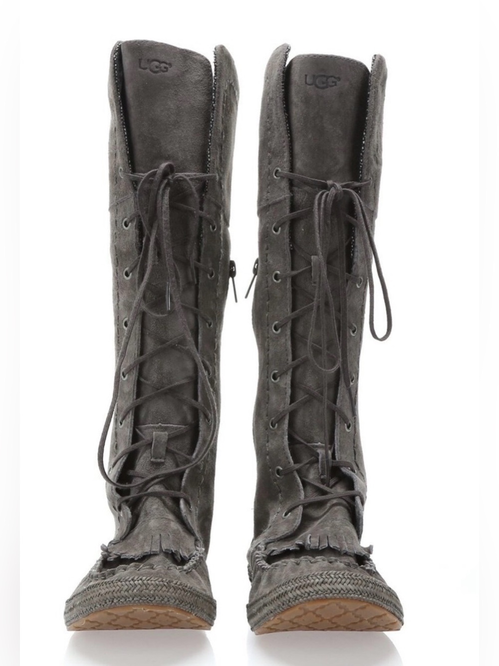 UGG Size 6 Gray Suede Fringe Lace-Up Women's Boots
